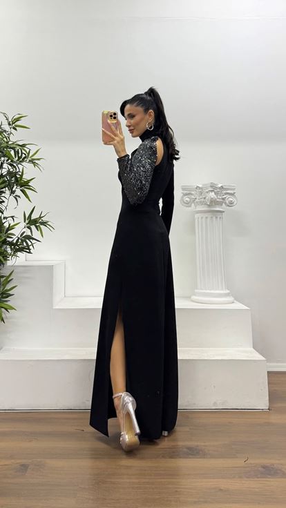 Siyah Asimetrik Payet Kol Özel Tasarım Abiye Elbise